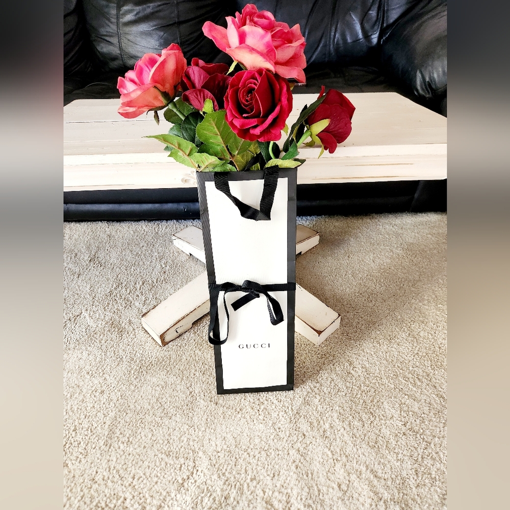 Gucci Black and White Floral Arrangement with Red Roses